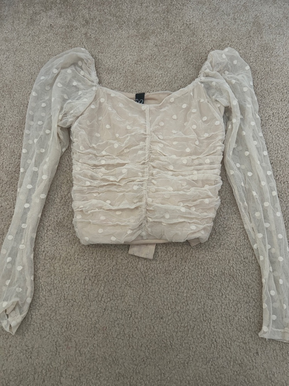 Windsor Cream Swiss Dot Ruched Long-Sleeve Crop Top
